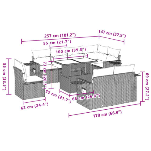 9-Piece Garden Sofa Set with Cushions Grey Poly Rattan Wicker Outdoor Patio Furniture - Image 10