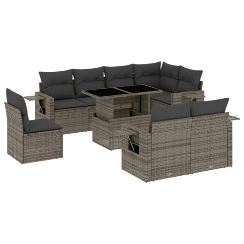 9-Piece Garden Sofa Set with Cushions Grey Poly Rattan Wicker Outdoor Patio Furniture - Image 13
