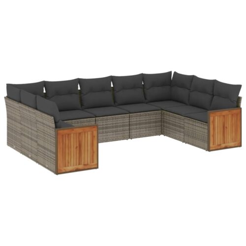 9-Piece Garden Sofa Set with Cushions Grey Poly Rattan Wicker Outdoor Patio Furniture