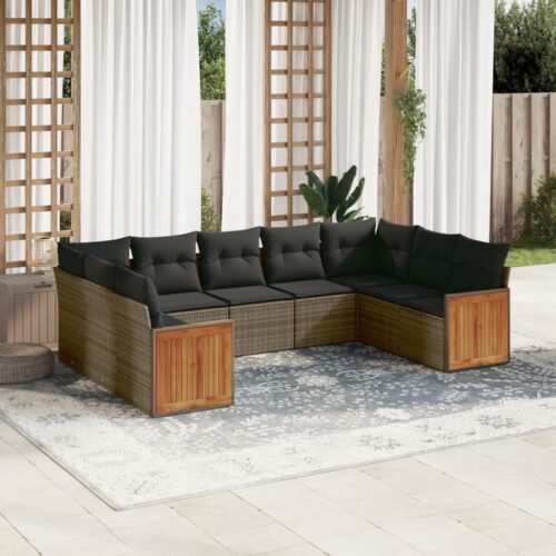 9-Piece Garden Sofa Set with Cushions Grey Poly Rattan Wicker Outdoor Patio Furniture - Image 2