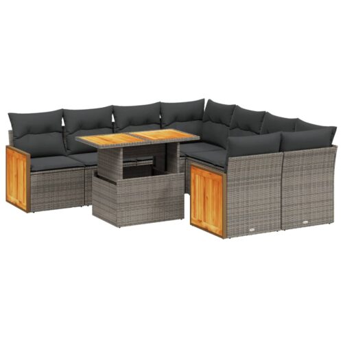 9-Piece Garden Sofa Set with Cushions Grey Poly Rattan Wicker Outdoor Patio Furniture