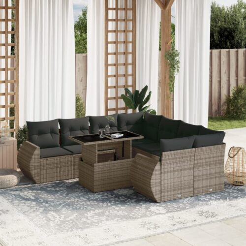 9-Piece Garden Sofa Set with Cushions Grey Poly Rattan Wicker Outdoor Patio Furniture - Image 2