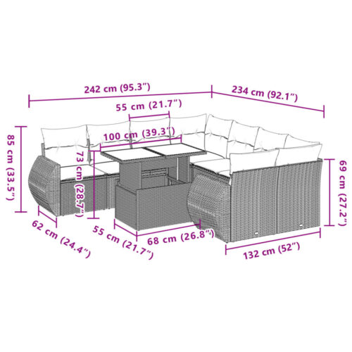 9-Piece Garden Sofa Set with Cushions Grey Poly Rattan Wicker Outdoor Patio Furniture - Image 10