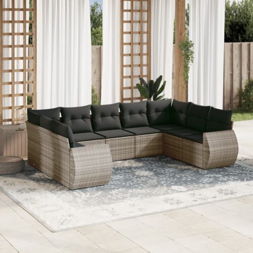 9-Piece Garden Sofa Set with Cushions Grey Poly Rattan Wicker Outdoor Patio Furniture - Image 2