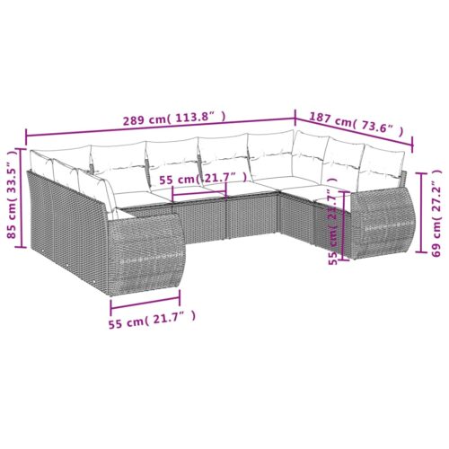 9-Piece Garden Sofa Set with Cushions Grey Poly Rattan Wicker Outdoor Patio Furniture - Image 3