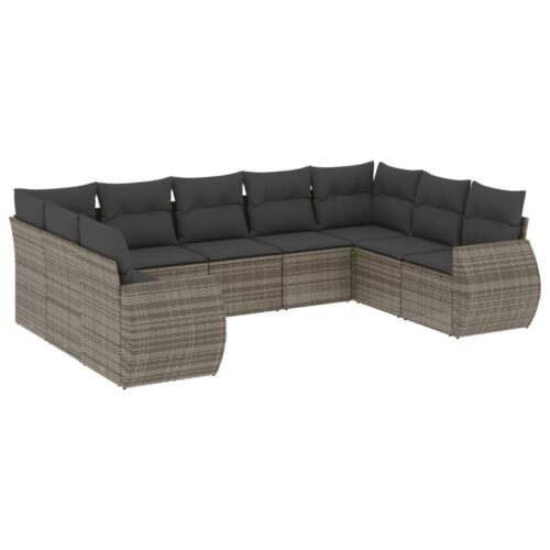 9-Piece Garden Sofa Set with Cushions Grey Poly Rattan Wicker Outdoor Patio Furniture - Image 5