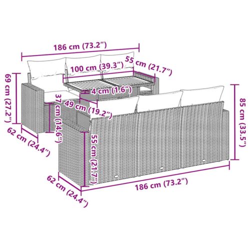 7-Piece Garden Sofa Set with Cushions Grey Poly Rattan Wicker Outdoor Patio Furniture - Image 11