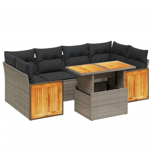7-Piece Garden Sofa Set with Cushions Grey Poly Rattan Wicker Outdoor Patio Furniture