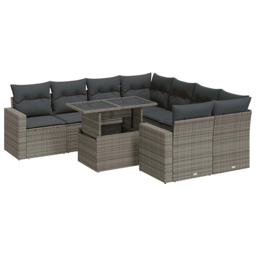 9-Piece Garden Sofa Set with Cushions Grey Poly Rattan Wicker Outdoor Patio Furniture - Image 13