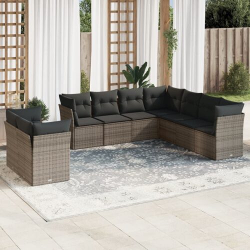 9-Piece Garden Sofa Set with Cushions Grey Poly Rattan Wicker Outdoor Patio Furniture - Image 2