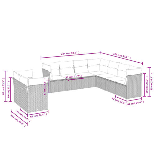 9-Piece Garden Sofa Set with Cushions Grey Poly Rattan Wicker Outdoor Patio Furniture - Image 3