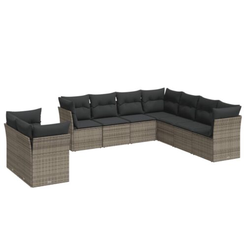 9-Piece Garden Sofa Set with Cushions Grey Poly Rattan Wicker Outdoor Patio Furniture - Image 5