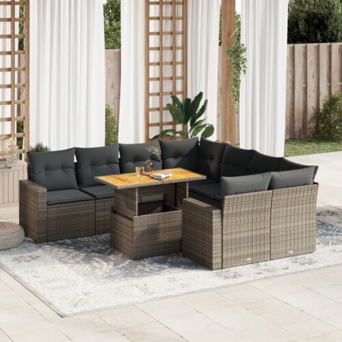 9-Piece Garden Sofa Set with Cushions Grey Poly Rattan Wicker Outdoor Patio Furniture - Image 2