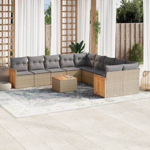 11-Piece Garden Sofa Set with Cushions Beige Poly Rattan Wicker Outdoor Patio Furniture - Image 2