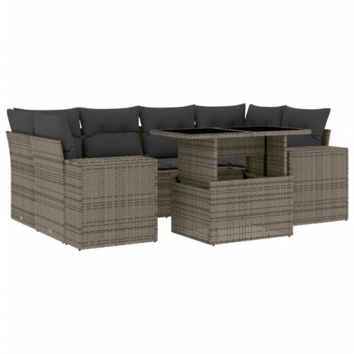 7-Piece Garden Sofa Set with Cushions Grey Poly Rattan Wicker Outdoor Patio Furniture - Image 13