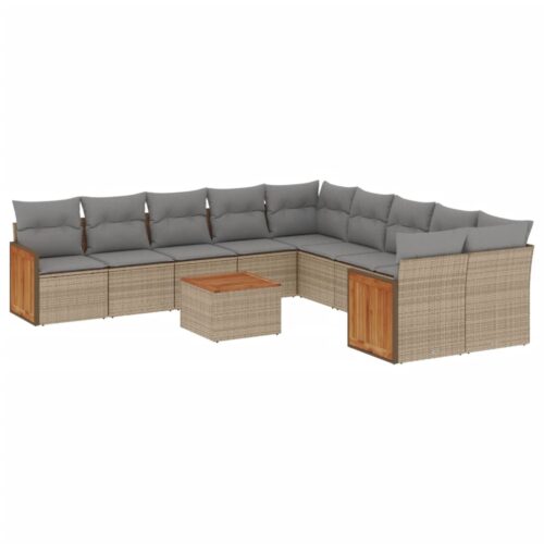 11-Piece Garden Sofa Set with Cushions Beige Poly Rattan Wicker Outdoor Patio Furniture - Image 5