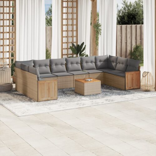 11-Piece Garden Sofa Set with Cushions Beige Poly Rattan Wicker Outdoor Patio Furniture - Image 2