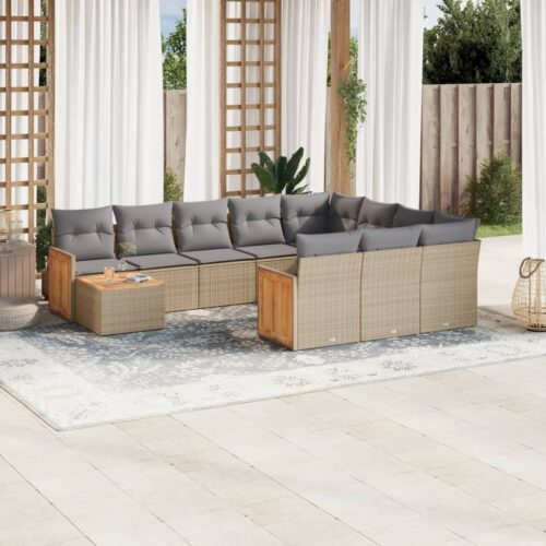 11-Piece Garden Sofa Set with Cushions Beige Poly Rattan Wicker Outdoor Patio Furniture - Image 2