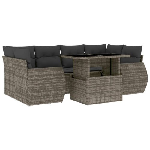 7-Piece Garden Sofa Set with Cushions Grey Poly Rattan Wicker Outdoor Patio Furniture