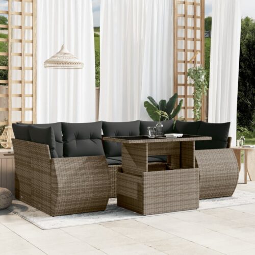 7-Piece Garden Sofa Set with Cushions Grey Poly Rattan Wicker Outdoor Patio Furniture - Image 2