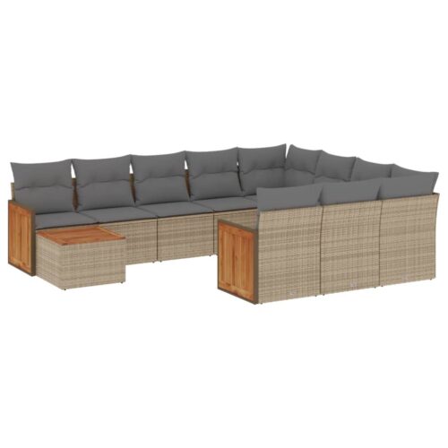 11-Piece Garden Sofa Set with Cushions Beige Poly Rattan Wicker Outdoor Patio Furniture - Image 5