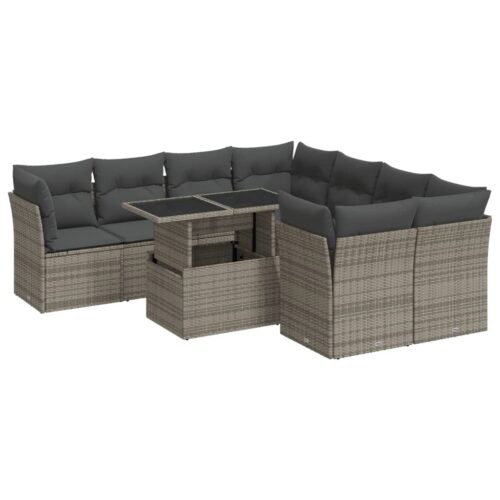9-Piece Garden Sofa Set with Cushions Grey Poly Rattan Wicker Outdoor Patio Furniture - Image 13