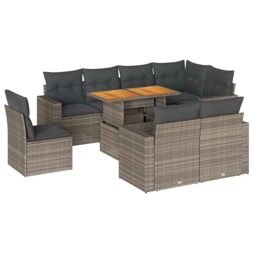 9-Piece Garden Sofa Set with Cushions Grey Poly Rattan Wicker Outdoor Patio Furniture