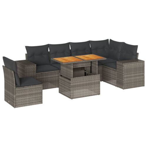 7-Piece Garden Sofa Set with Cushions Grey Poly Rattan Wicker Outdoor Patio Furniture