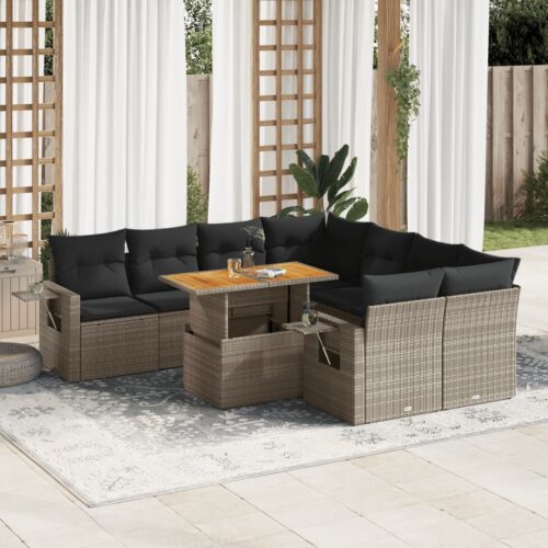 9-Piece Garden Sofa Set with Cushions Grey Poly Rattan Wicker Outdoor Patio Furniture - Image 2
