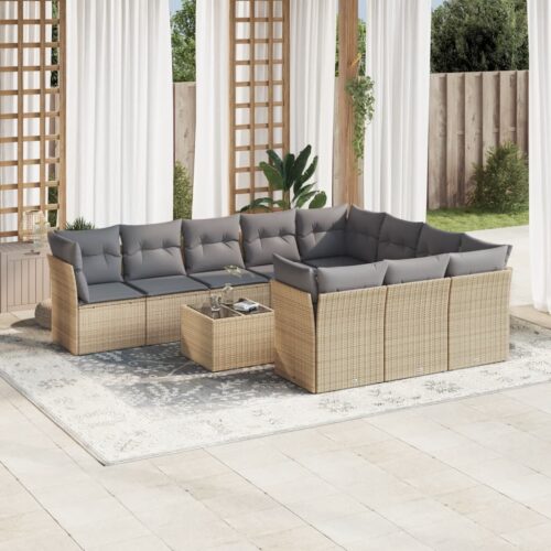 11-Piece Garden Sofa Set with Cushions Beige Poly Rattan Wicker Outdoor Patio Furniture - Image 2