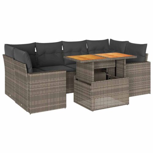 7-Piece Garden Sofa Set with Cushions Grey Poly Rattan Wicker Outdoor Patio Furniture