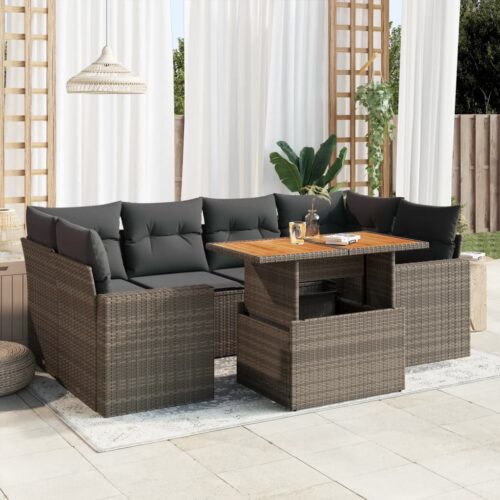 7-Piece Garden Sofa Set with Cushions Grey Poly Rattan Wicker Outdoor Patio Furniture - Image 2