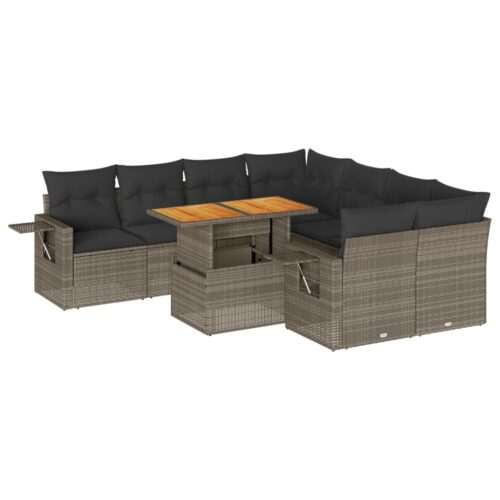9-Piece Garden Sofa Set with Cushions Grey Poly Rattan Wicker Outdoor Patio Furniture - Image 13