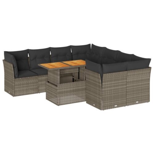 9-Piece Garden Sofa Set with Cushions Grey Poly Rattan Wicker Outdoor Patio Furniture