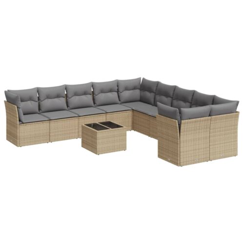 11-Piece Garden Sofa Set with Cushions Beige Poly Rattan Wicker Outdoor Patio Furniture