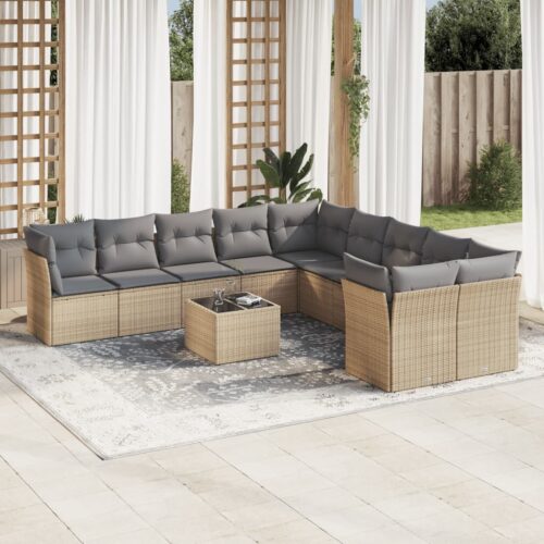 11-Piece Garden Sofa Set with Cushions Beige Poly Rattan Wicker Outdoor Patio Furniture - Image 2