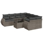 9-Piece Garden Sofa Set with Cushions Grey Poly Rattan Wicker Outdoor Patio Furniture