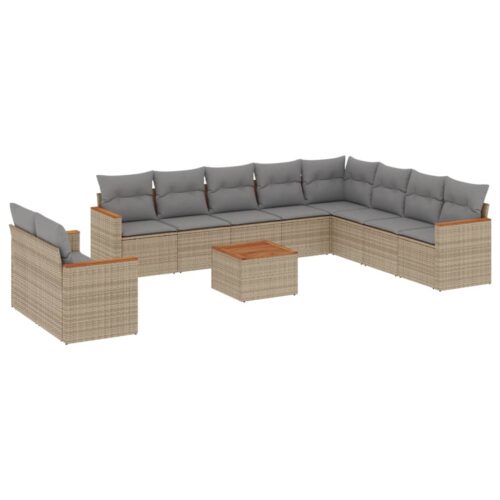 11-Piece Garden Sofa Set with Cushions Beige Poly Rattan Wicker Outdoor Patio Furniture