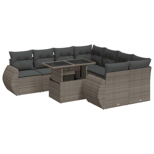 9-Piece Garden Sofa Set with Cushions Grey Poly Rattan Wicker Outdoor Patio Furniture - Image 13