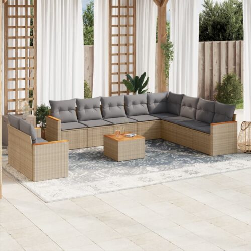 11-Piece Garden Sofa Set with Cushions Beige Poly Rattan Wicker Outdoor Patio Furniture - Image 2