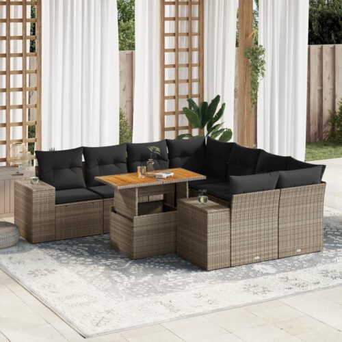 9-Piece Garden Sofa Set with Cushions Grey Poly Rattan Wicker Outdoor Patio Furniture - Image 2