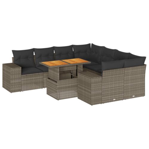 9-Piece Garden Sofa Set with Cushions Grey Poly Rattan Wicker Outdoor Patio Furniture - Image 13