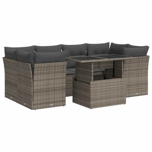 7-Piece Garden Sofa Set with Cushions Grey Poly Rattan Wicker Outdoor Patio Furniture