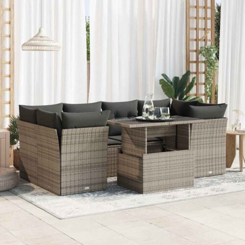 7-Piece Garden Sofa Set with Cushions Grey Poly Rattan Wicker Outdoor Patio Furniture - Image 2