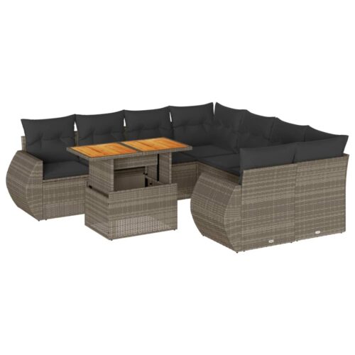 9-Piece Garden Sofa Set with Cushions Grey Poly Rattan Wicker Outdoor Patio Furniture