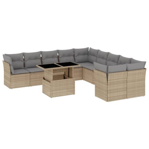 11-Piece Garden Sofa Set with Cushions Beige Poly Rattan Wicker Outdoor Patio Furniture