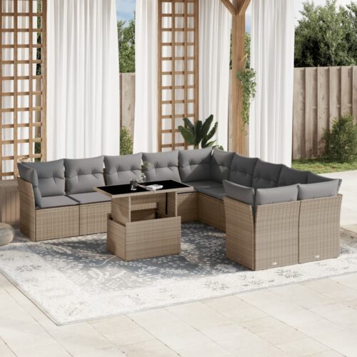 11-Piece Garden Sofa Set with Cushions Beige Poly Rattan Wicker Outdoor Patio Furniture - Image 2