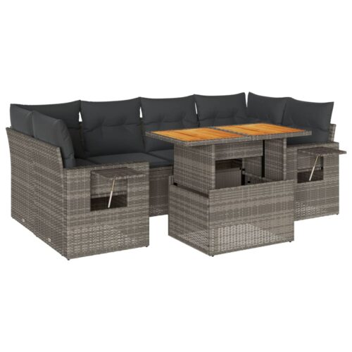 7-Piece Garden Sofa Set with Cushions Grey Poly Rattan Wicker Outdoor Patio Furniture