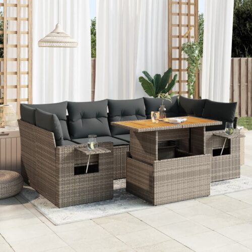 7-Piece Garden Sofa Set with Cushions Grey Poly Rattan Wicker Outdoor Patio Furniture - Image 2