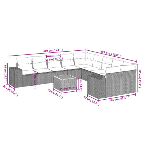 11-Piece Garden Sofa Set with Cushions Beige Poly Rattan Wicker Outdoor Patio Furniture - Image 3